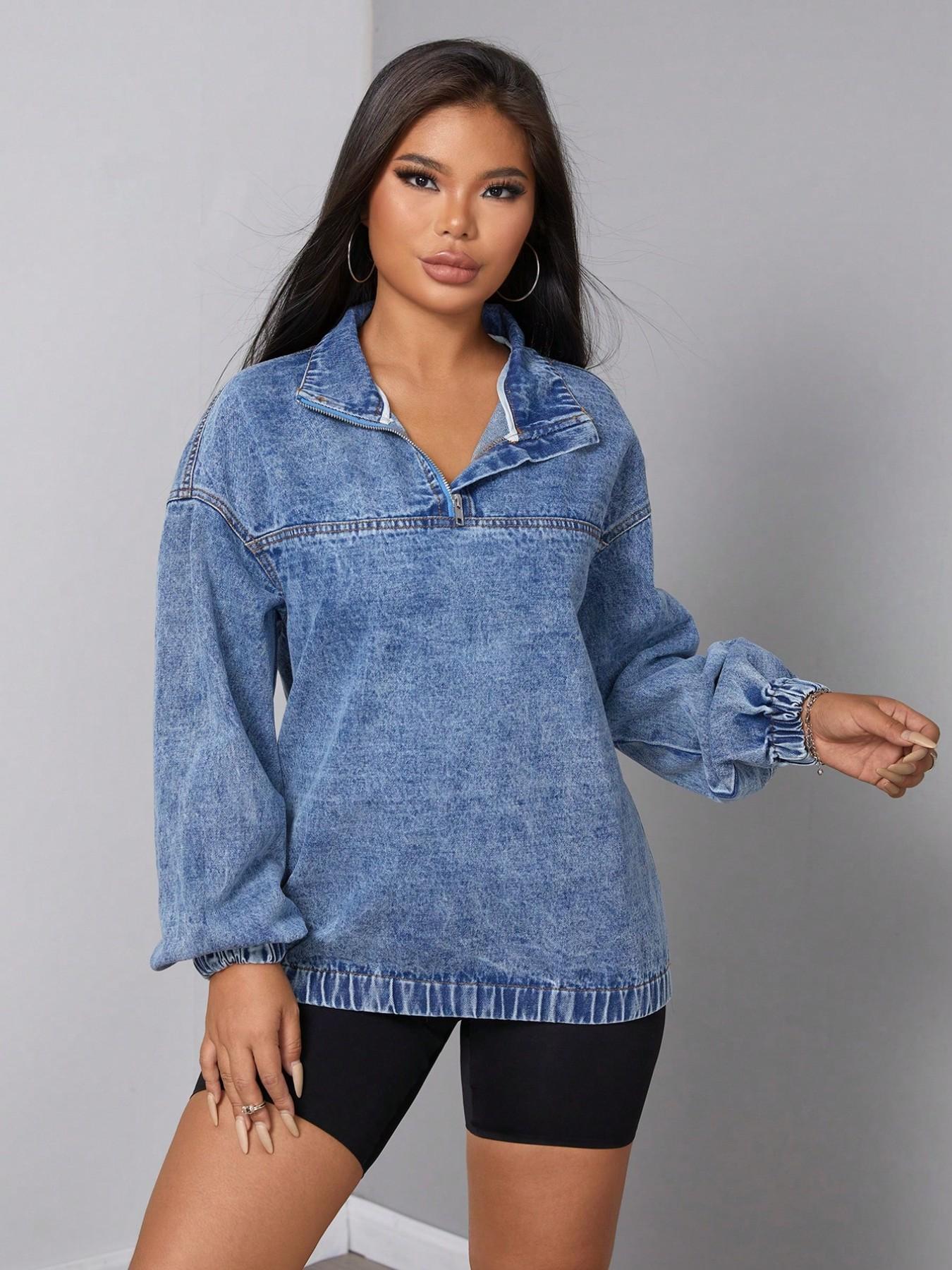 Women's Denim Jacket with Half Zipper and Standing Collar, Loose Fit Drop Shoulder Long Sleeve Top, Washed Vintage Pullover Casual Fashionable Stylish Outerwear Coats