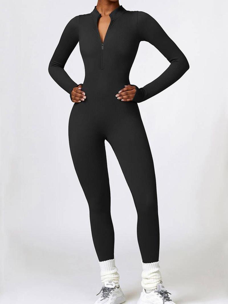 Women's Threaded Long-Sleeved Trousers Seamless Knitted Jumpsuit European & American Winter Tight-Fitting Long-Sleeved Yoga Jumpsuit Zip-Front Tummy-Control High-Intensity Workout Fitness Wear for Women Sportswear Jumpsuits