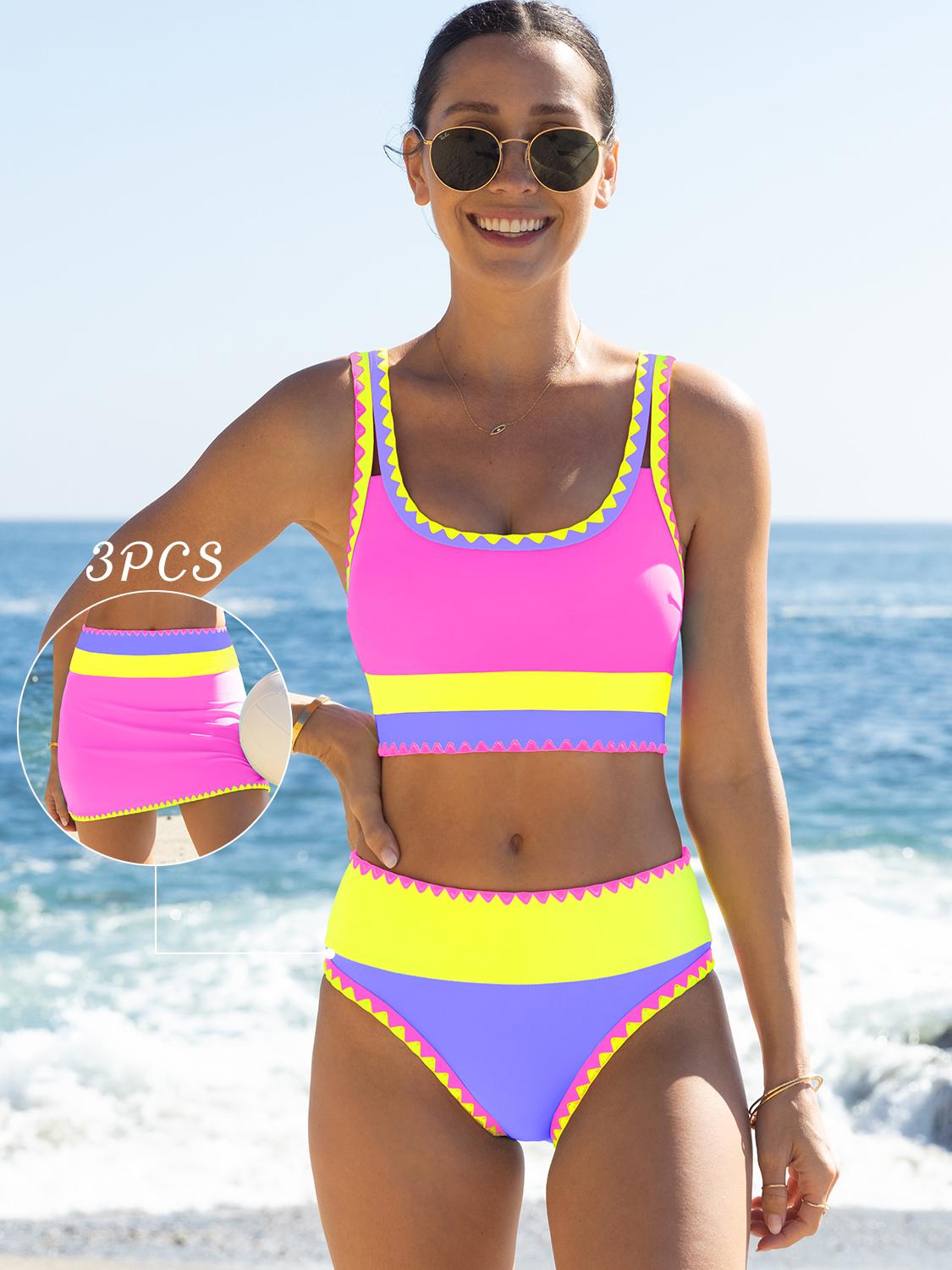 Popvil Beachball Kayaking 3 Piece Bikini Sets,Tummy Control & High Waisted Swimsuit with Adjustable Wide Shoulder Straps, Neon Color Sporty Swimsuit