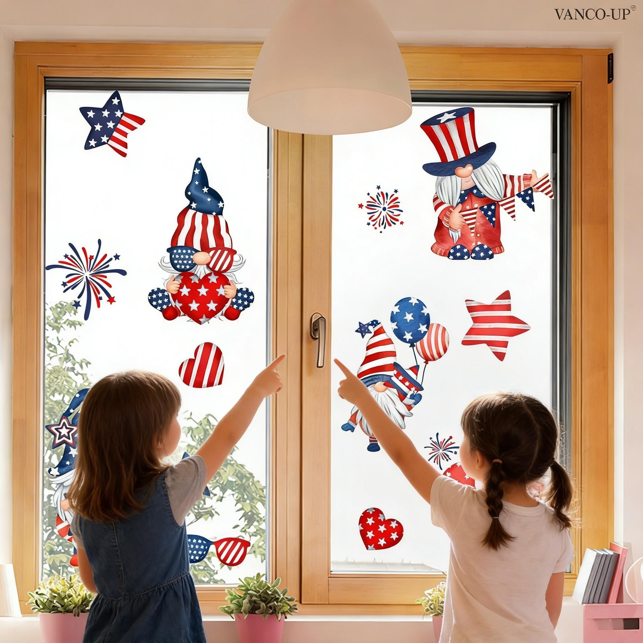 Set of 2 Pcs 30×30cm Independence Day Cartoon Stars & Stripes Gnome Double-Layer Static Window Clings for Bedroom Kids Room Glass Festival Decor