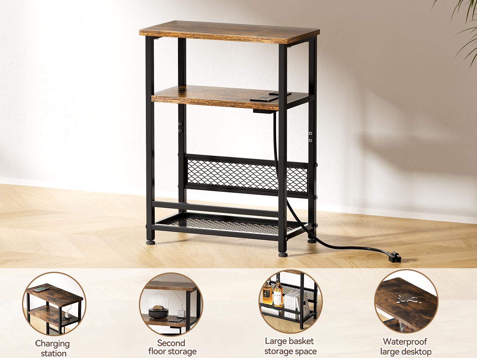 Flycity Side Table with Charging Station,2-3 Tires Narrow End Tables with USB Ports,Shelves & Magazine Rack for Small Spaces Furniture Living Room Storage Modern Nightstand Bedside Cabinet