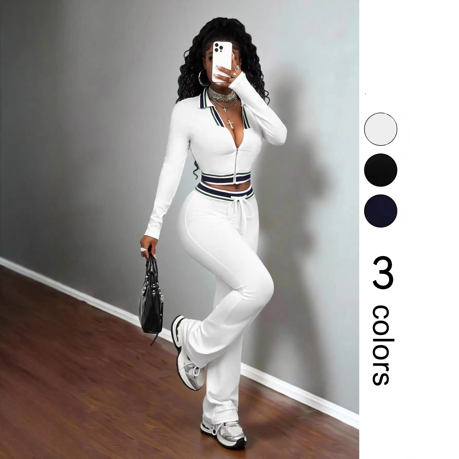 Women Striped Trim 2 Piece Tracksuit Set, Zip Up Collar Long Sleeve Crop Top & High Waist Drawstring Flare Pants, Slim Casual Streetwear Matching Outfit