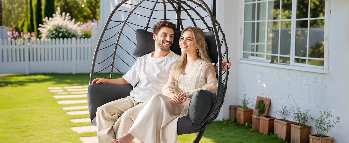 【SPRING GLOW UP】ONBRILL Double Egg Chair with Stand, Indoor Outdoor 2 Person Hammock Swing Chair with Cushions & Headrest, 650LBS Capacity Hanging Loveseat for Patio, Bedroom, Garden, Balcony 【SPRING GLOW UP】ONBRILL Double Egg Chair with Stand, Indoor Outdoor 2 Person Hammock Swing Chair with Cushions & Headrest, 650LBS Capacity Hanging Loveseat for Patio, Bedroom, Garden, Balcony