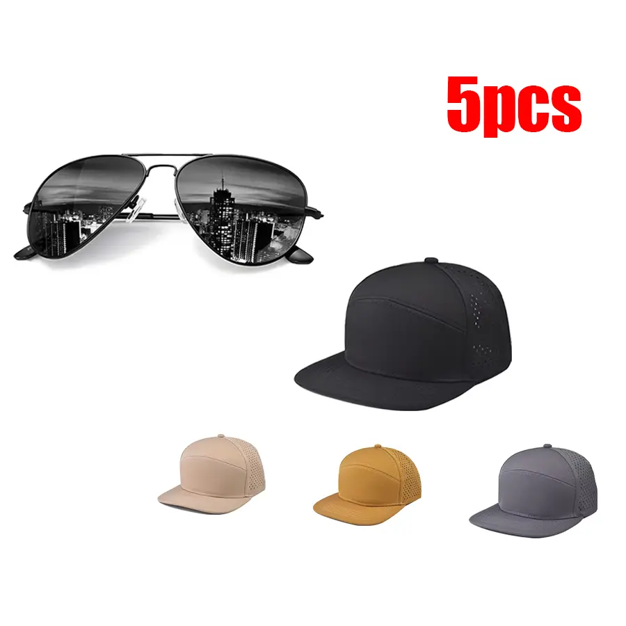 5 Pack Blank Flat Brim Snapback Hat & Aviator Glasses Combo, Laser Perforated Breathable Adjustable Plain Caps Sunglasses Set, Unisex Streetwear Accessory Pack for Custom Embroidery Printing