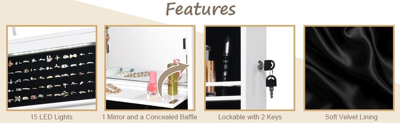 Karlhome Jewelry Cabinet Armoire, Lockable Wall-Mounted Organizer Unit with 2 Plastic Cosmetic Storage Trays, Full-Length Frameless Mirror, Christmas Gifts, White Karlhome Jewelry Cabinet Armoire, Lockable Wall-Mounted Organizer Unit with 2 Plastic Cosmetic Storage Trays, Full-Length Frameless Mirror, Christmas Gifts, White