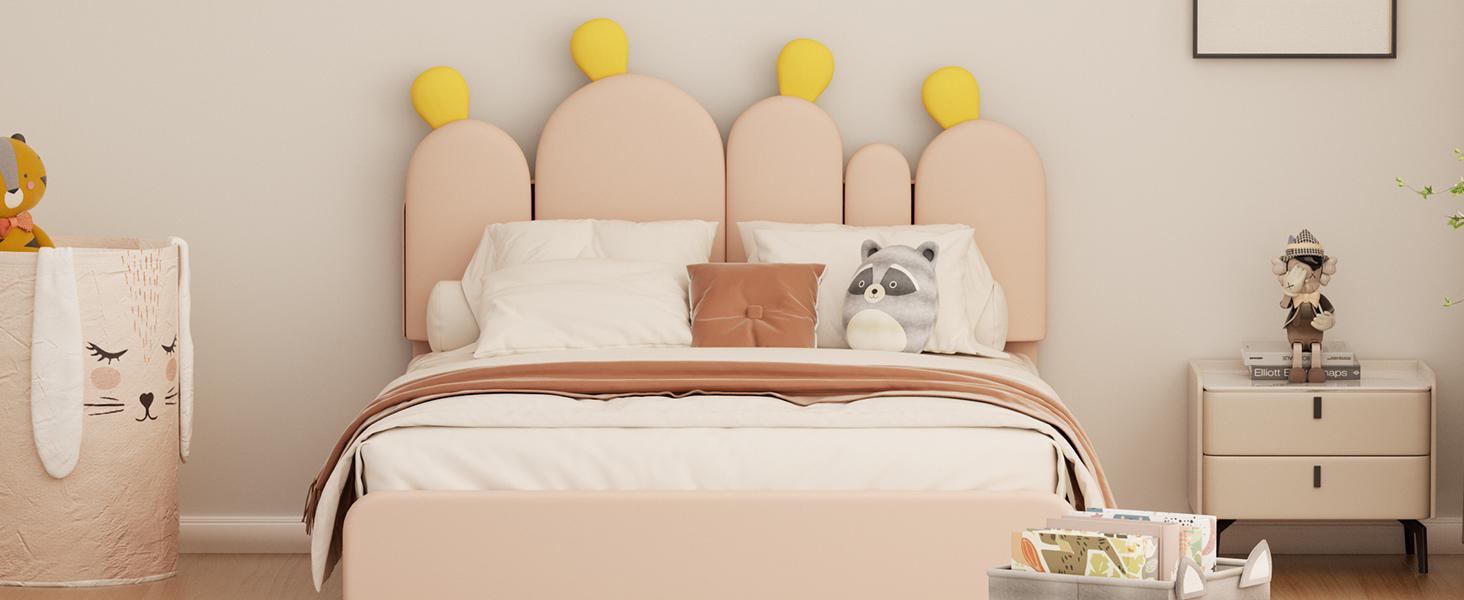 Lilypelle Twin/Full Boucle Bed Frame with Headboard – Cactus Upholstered Platform Bed for Kids, Rounded Corners, Solid Wood Slats, No Box Spring Needed