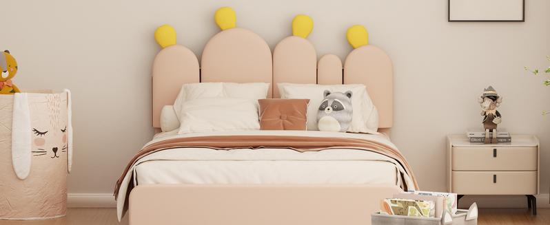 Lilypelle Twin/Full Boucle Bed Frame with Headboard – Cactus Upholstered Platform Bed for Kids, Rounded Corners, Solid Wood Slats, No Box Spring Needed