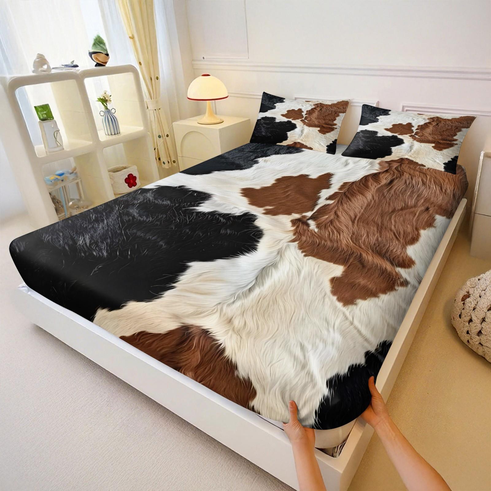3Pcs Cowhide Inspired Fitted Sheet Set, Decorative Bedsheet Sets, Black, White, and Brown Pattern Bedding Set, Soft and Curly Texture, Stylish Bedding for a Natural Home Decor, Perfect for Rustic and Chic Bedroom Makeover,Includes 2 pillowcases