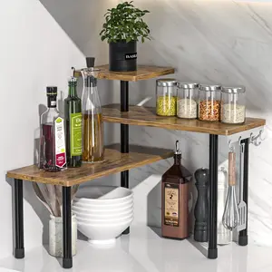 Countertop storage rack, 3-tier movable corner shelf, suitable for kitchen, bathroom, spice rack, coffee area, above the sink, dressing table (vintage brown)