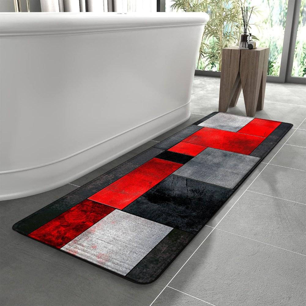 1PC， Red Black Gray Geometric Splicing Patterned strip rugs, home décor, bathroom mats, entryway mats, bathroom non-slip mats, indoor entrance rugs, bedroom bedside mats, kitchen mats, hallway rugs, flannel sponge rugs, hallway runner rugs