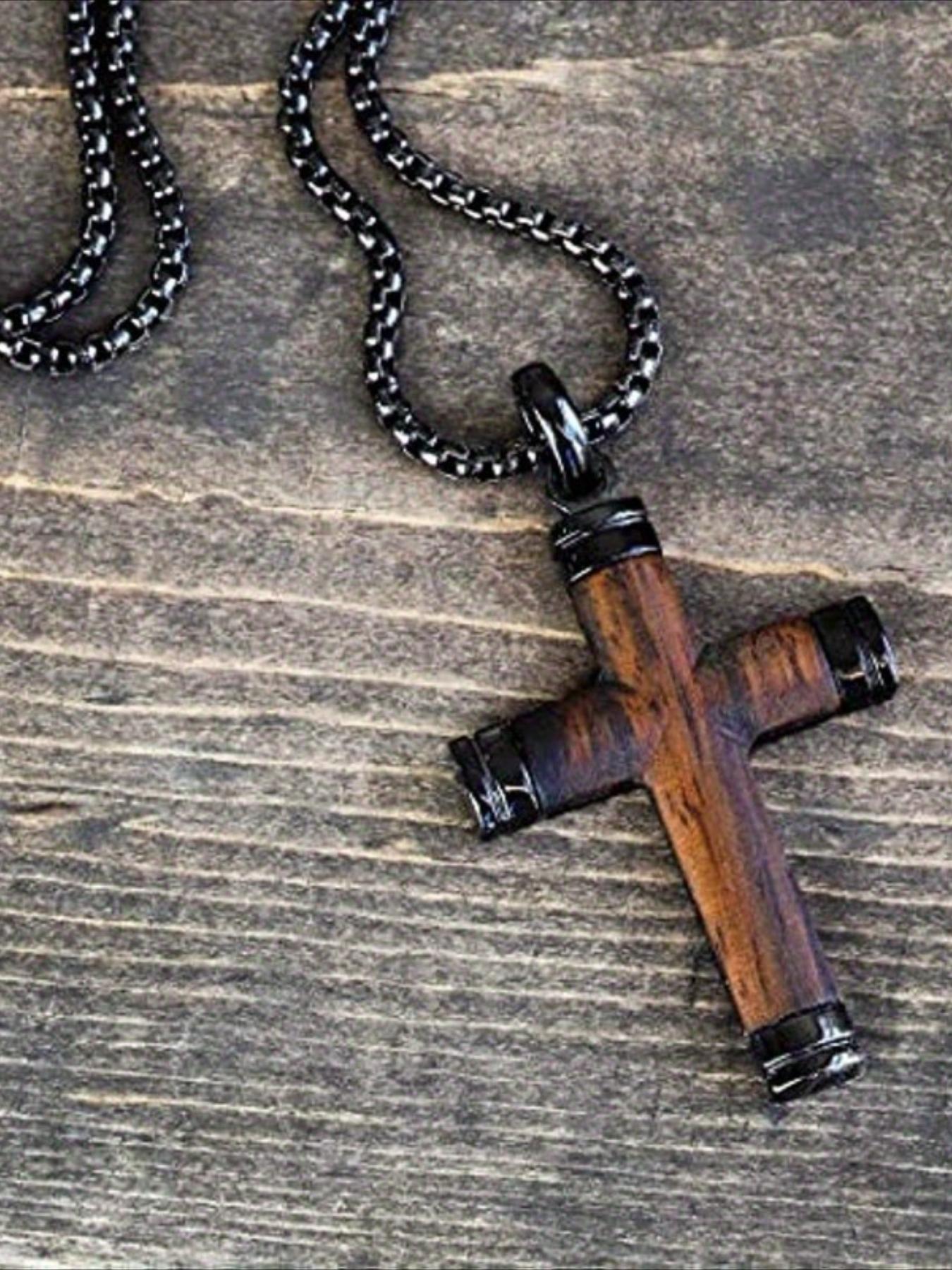 An Alloy Vintage Country Cross Men's Pendant Necklace, Featuring A Durable Black Chain Paired with Natural Wood Grain. A Casual Yet Formal Jewelry, Simple Necklace, Daily Accessory, with A Metallic Texture, Making It A Perfect Gift, Cross Charm Necklace
