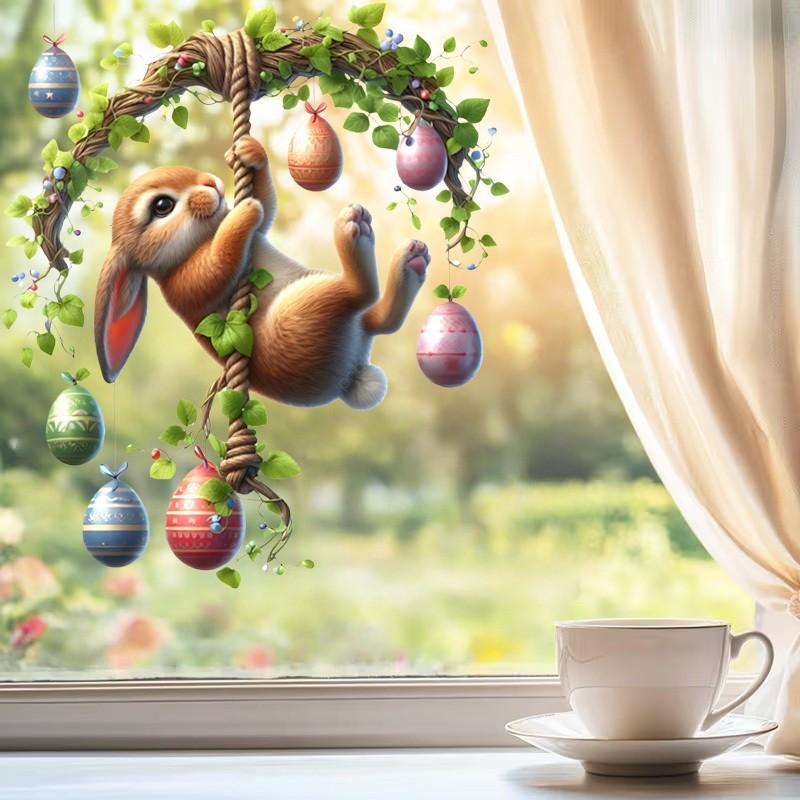 Charming Rabbit Easter Egg Window Stickers, Floral Design, Wall Decor, Home Decoration, Party Supplies, Unique Gift, Eye-Catching Easter Decor