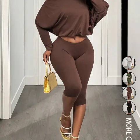 2pcs/Set Women's Casual Asymmetric-Shoulder Cinched Waist Loose Batwing Sleeve Long Sleeve Top and Slim Fit Elastic Capri Pants 2-Piece Set, Comfortable and Stylish