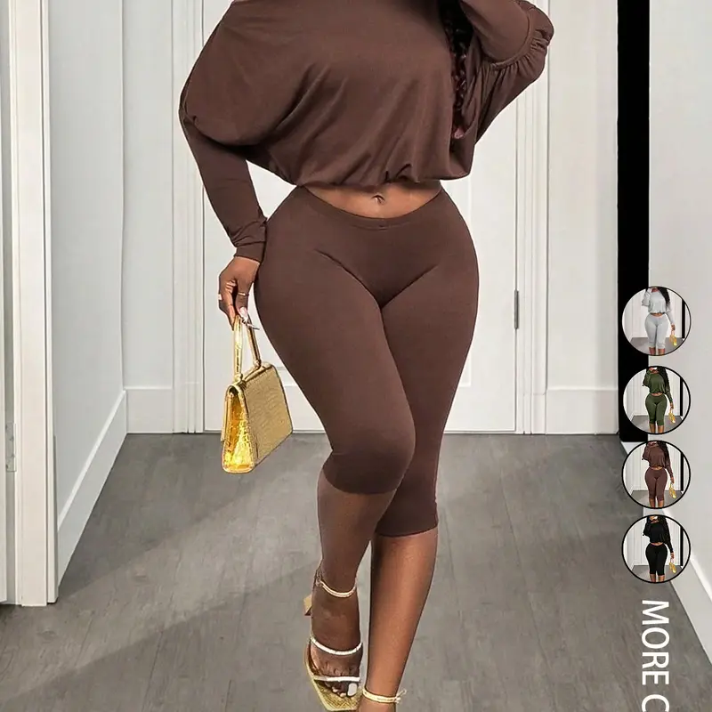 2pcs/Set Women's Casual Asymmetric-Shoulder Cinched Waist Loose Batwing Sleeve Long Sleeve Top and Slim Fit Elastic Capri Pants 2-Piece Set, Comfortable and Stylish