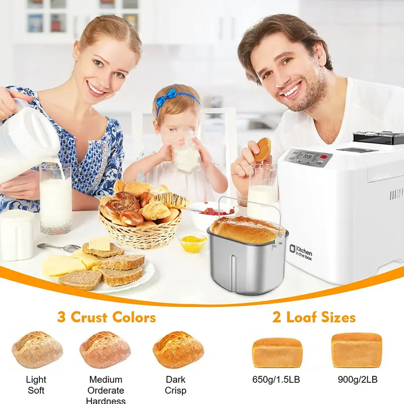 Kitchen in the box Bread Maker Machine, 12-in-1 Automatic Bread Maker with Auto Fruit Nut Dispenser, 2 LB Large Capacity, Gluten-Free, 13H Delay Timer, 1H Keep Warm, 3 Crust Colors