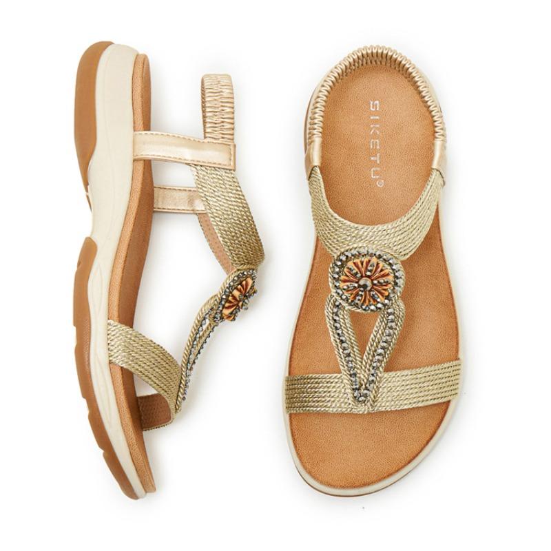 Women’s Boho Beaded T-Strap Sandals, Elastic Slingback Non-Slip TPR Soft Platform Summer Daily Beach Sandals