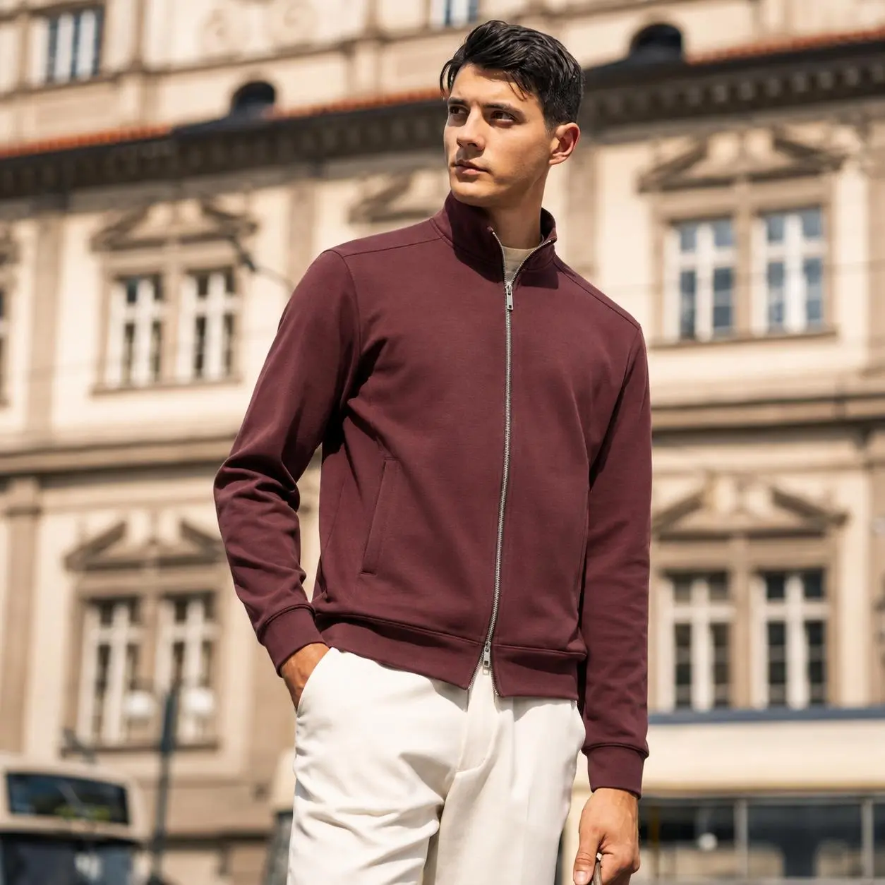 Boeveme Elevated Essentials Lightweight Modal Cotton Full-Zip Jacket – Soft Stretch Stand Collar Refined Casual Outerwear