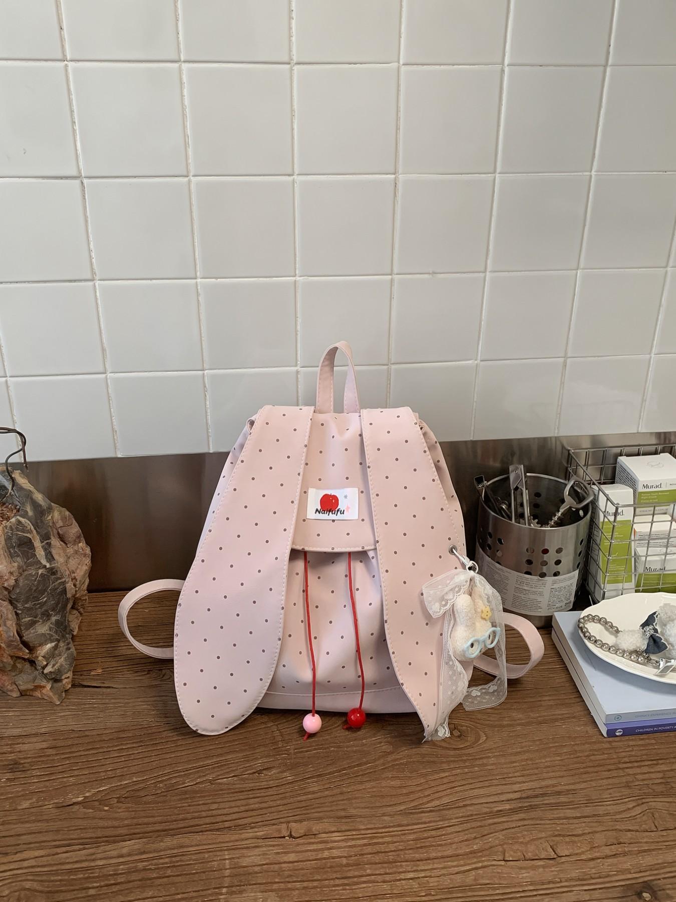 New Rabbit Ears Polka Dot Backpack, Cute Korean Style Student Bag, Large Capacity Commuter Backpack, Soft Adorable Bunny Shoulder Bag