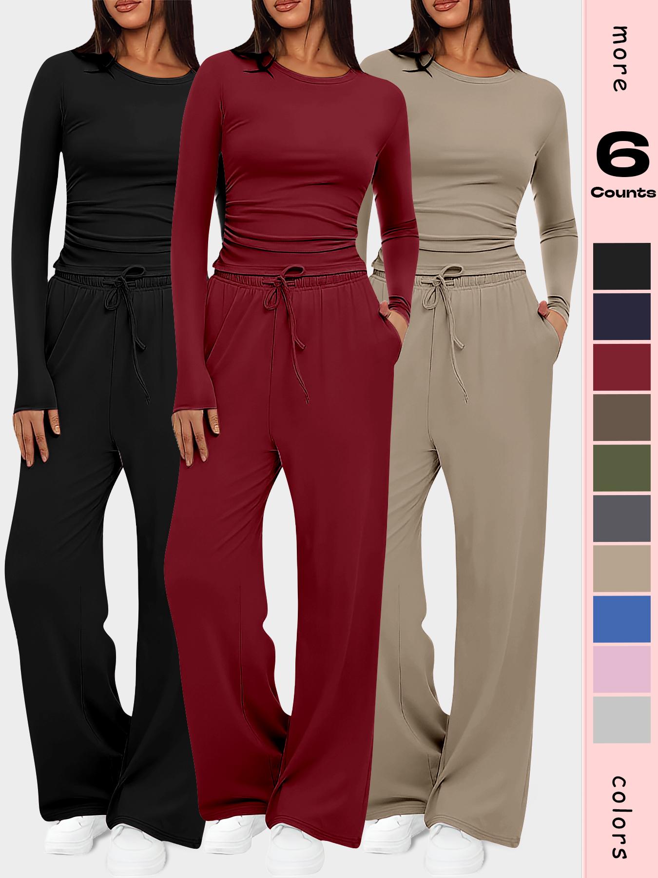 Women's 2-Piece Set Autumn and Winter Loungewear Sets, Ruched Fitted Long Sleeve Tops & High Waisted Wide Leg Pants