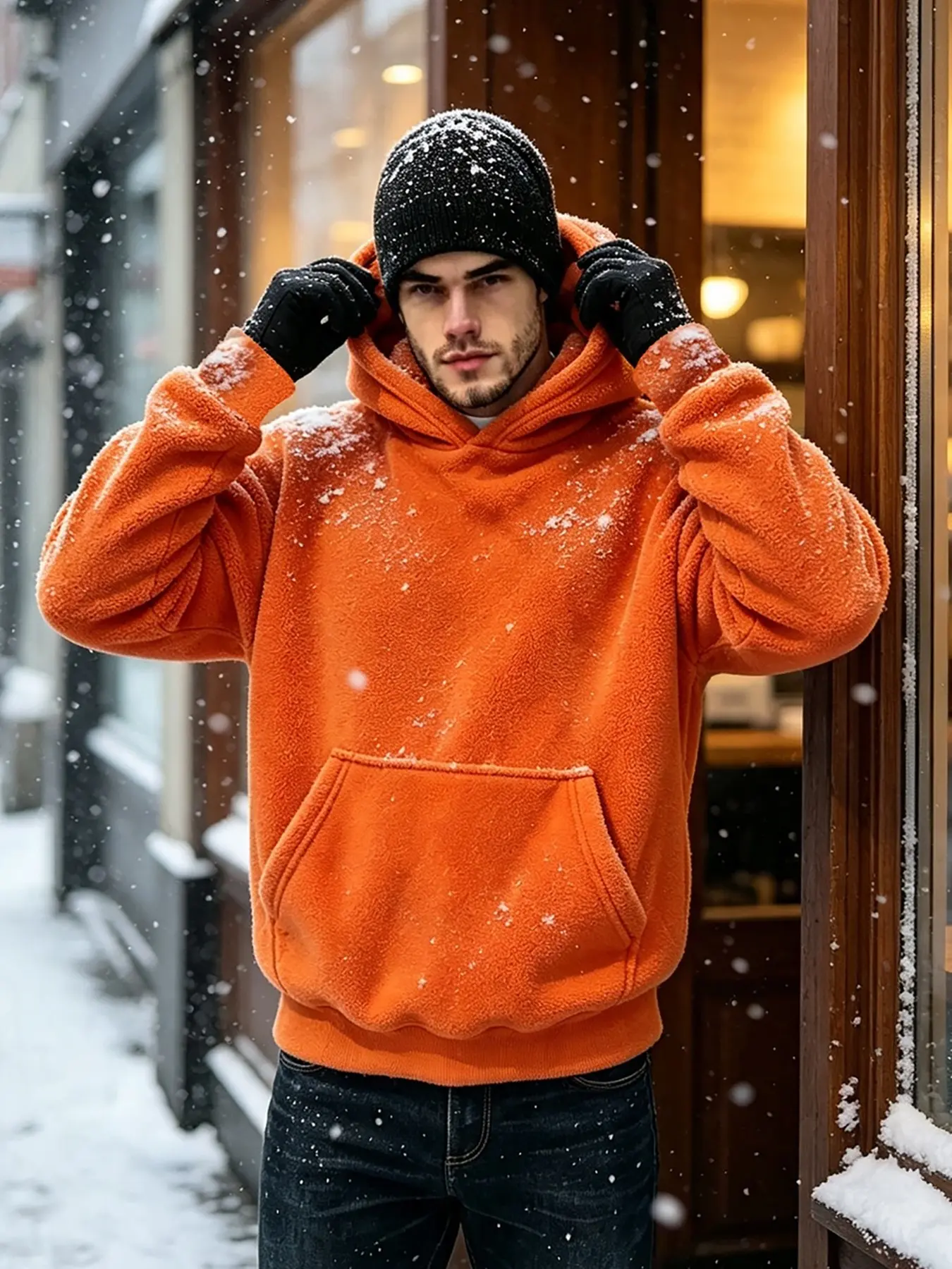 Men's Solid Polar Fleece Hoodie Oversized Kangaroo Pocket Pullover Sweatshirt, Casual Streetwear Loose Fit Hooded Top Daily Commute Weekend Outdoor