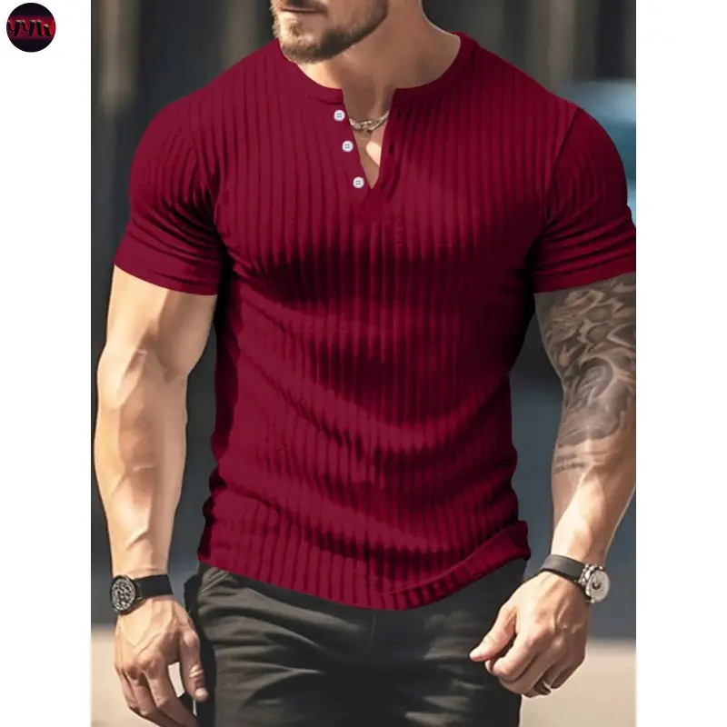 YYW1 Men's Ribbed Henley T-Shirt, Short Sleeve 3-Button Slim Fit Stretch Tee, Solid Casual Streetwear Top &, Daily Wear, Gym & Workout, Menswear