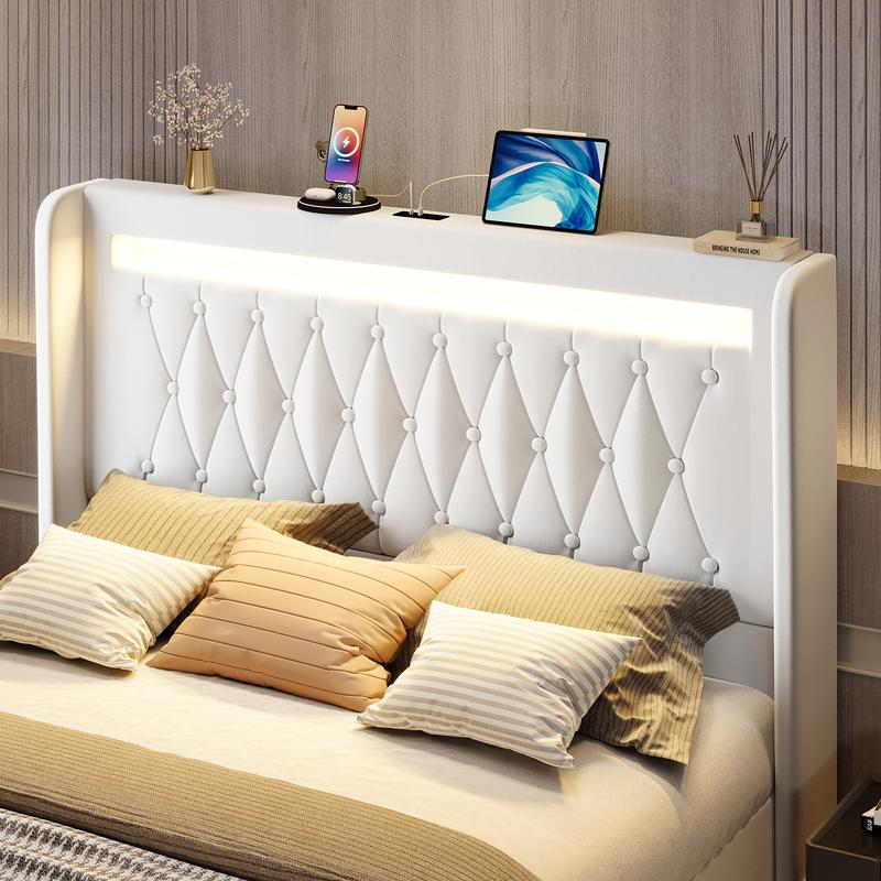 HOOMIC Upholstered Platform Bed Frame【Frame Only No Mattress】with High Wingback Headboard,Dual LED Light Strips,Dutch Velvet Diamond Tufting,Full/Queen/King,Black/White/Grey,No Box Spring Needed