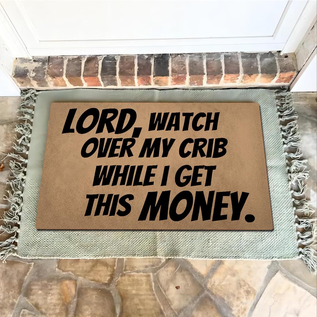 Rustic 1-Piece Entryway Rust Rug, Funny Hustle Quote Anti-Slip Absorbent Doormat - Vintage Text Print "Lord Watch Over My Crib While I Get This Money" for Blue Collar Men, One-Piece