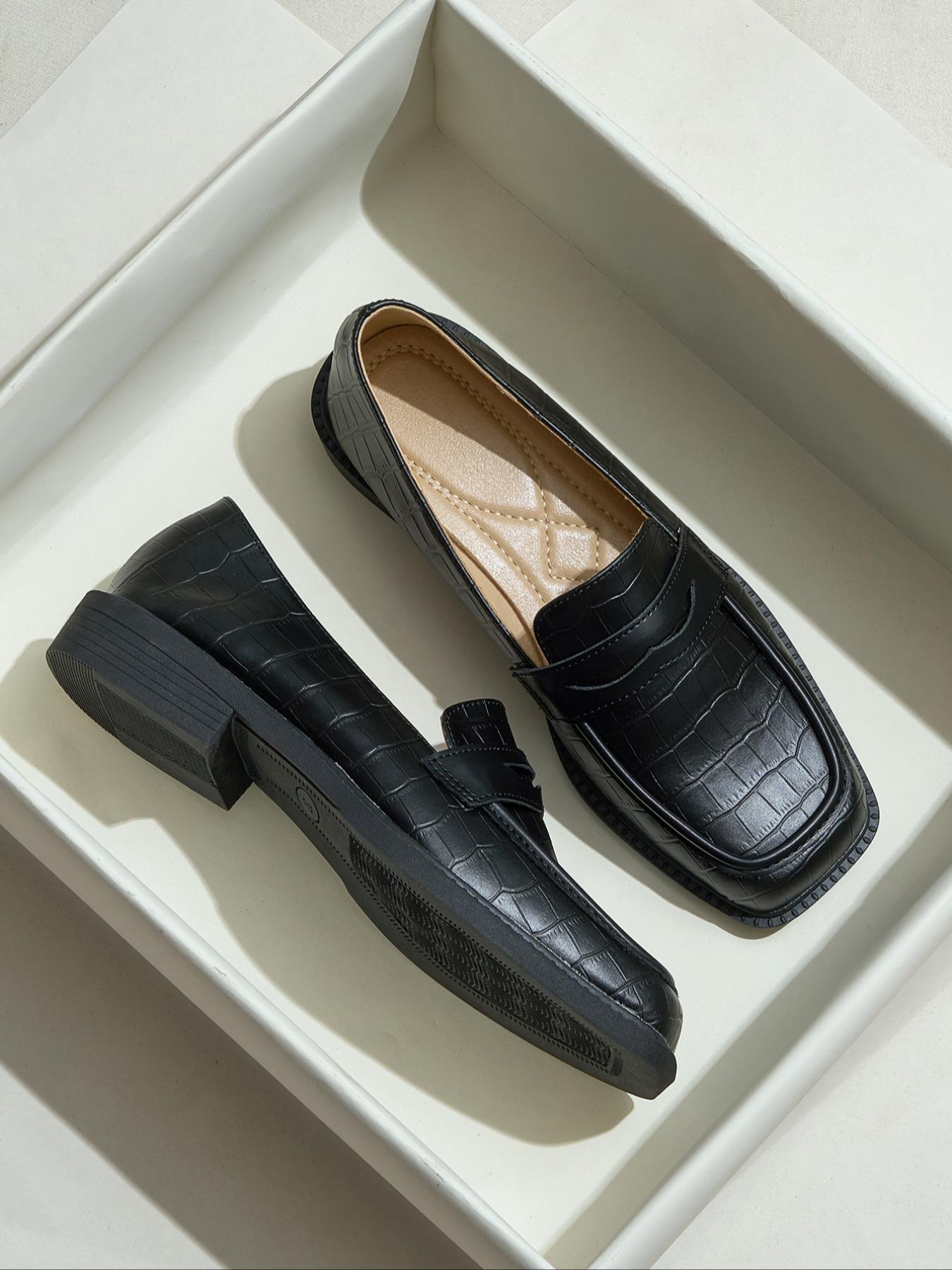 Women's Fashion Fall New Thick Sole Square Toe Soft PU Leather Shoes, Slip-On Comfortable Loafers for Work & Casual Wear