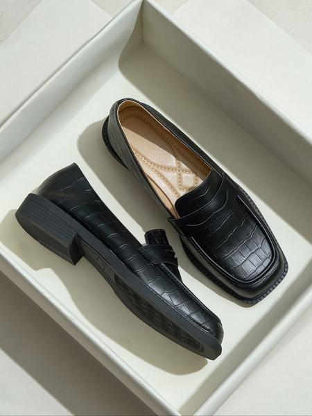 Women's Fashion Fall New Thick Sole Square Toe Soft PU Leather Shoes, Slip-On Comfortable Loafers for Work & Casual Wear