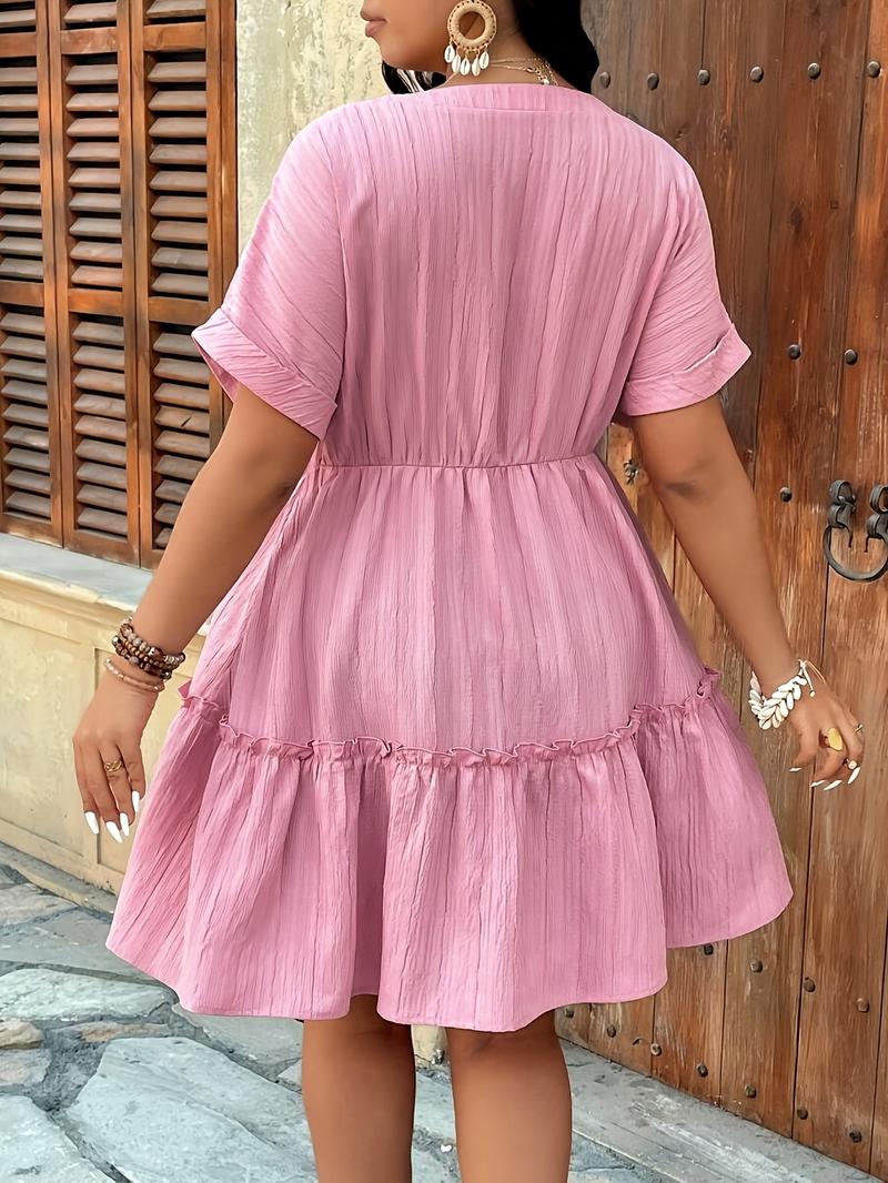 Plus Size V Neck Textured a Line Dress with Hollow Shoulders, Flared Hem for Summer, Women's Casual Sun Dress for Every Occasion