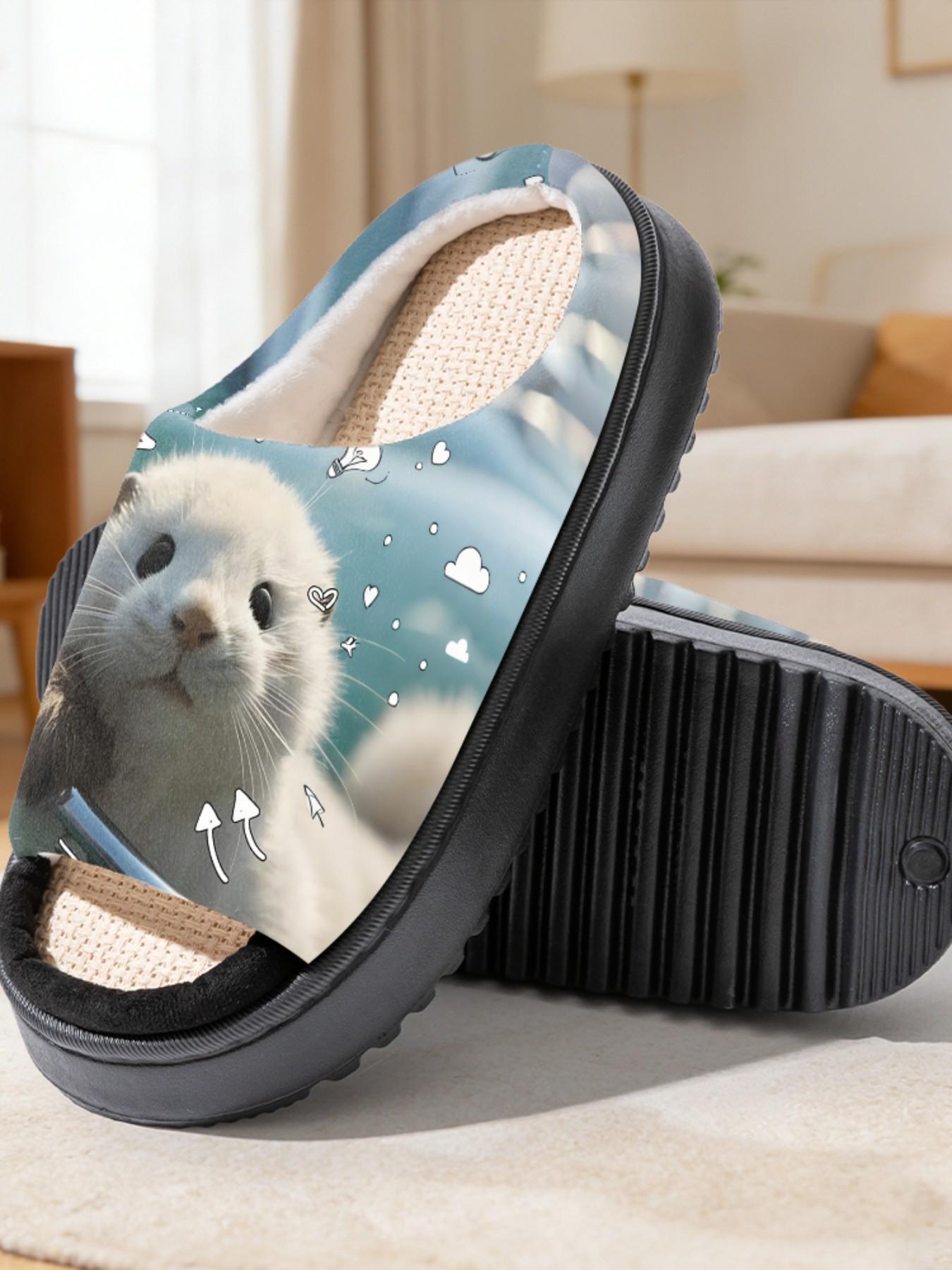 Cute Otter Print Linen Open-Toe Sandals, Casual Textile Eva Sole, Less Than Ankle Height, Cartoon Pattern, All Seasons Footwear