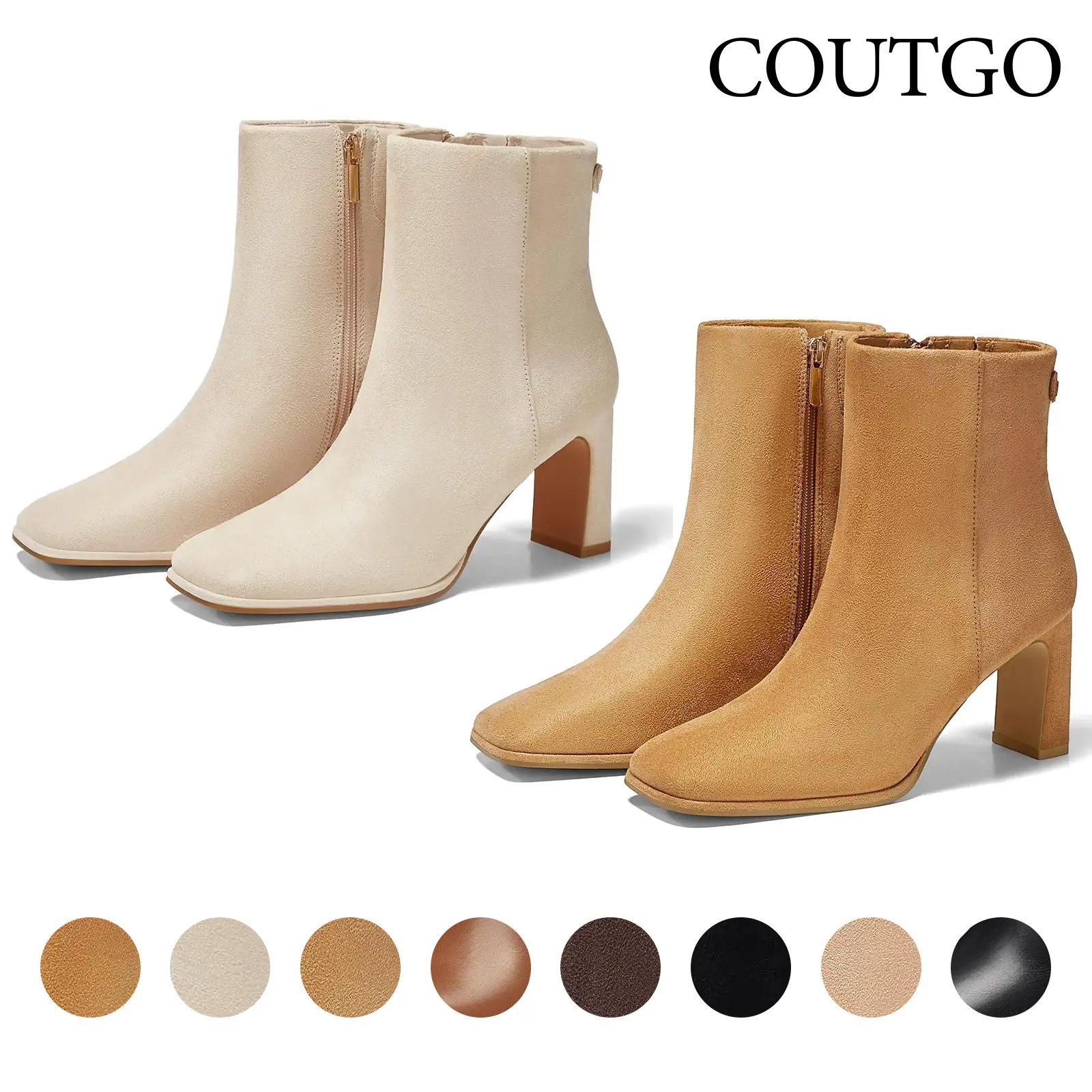Coutgo Women's Square Toe Ankle Boots Chunky Block Heel Side Zipper Booties Faux Suede Winter Shoes