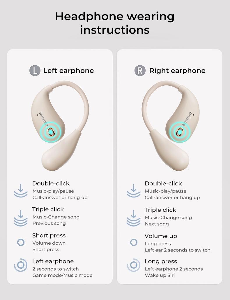 MINISO M95 True Wireless Open Ear Earbuds Bluetooth 5.4 IPX5 Waterproof 48Hours Play time OWS Headphones Immersive Premium Sound Long Distance Connection Headset with Charging Case Light-Weight Headphones Built-in Microphone Earbuds