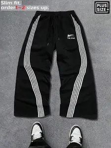 Men's Plus Size Black Wide-Leg Sweatpants, Side White Stripes "THE STAR" Print, American Retro Y2K High Street Loose Straight-Leg Pants, Baggy Hip-Hop Casual Trousers with Drawstring, Knitted Sports Pants