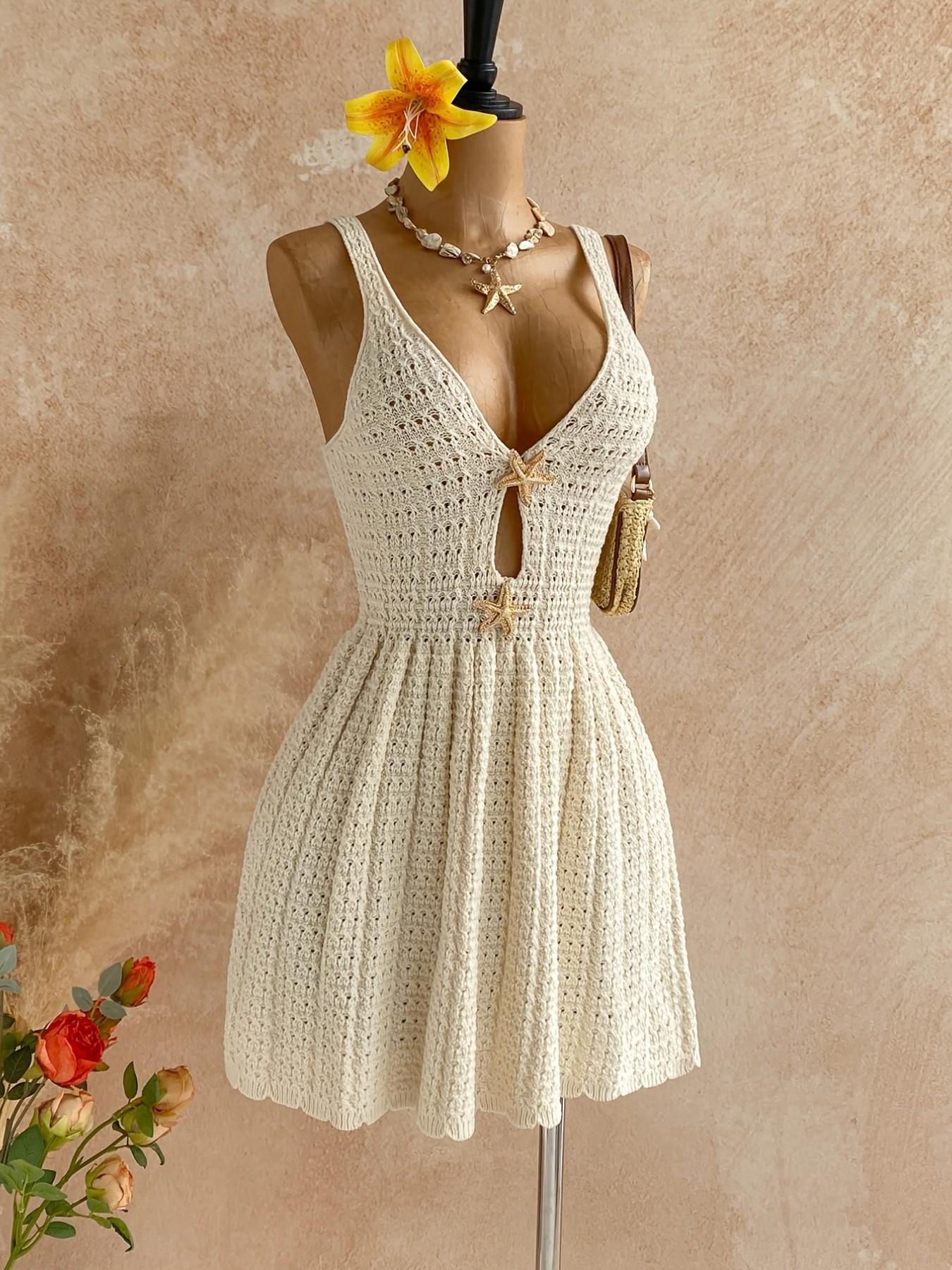 Dreamy Cream Color Breathable Crochet Knit Mini Dress, Deep V Neck, Hollow  Out Details, Starfish Decoration, Bohemian Boho Style, Perfect for Beach  Vacation - TikTok Shop