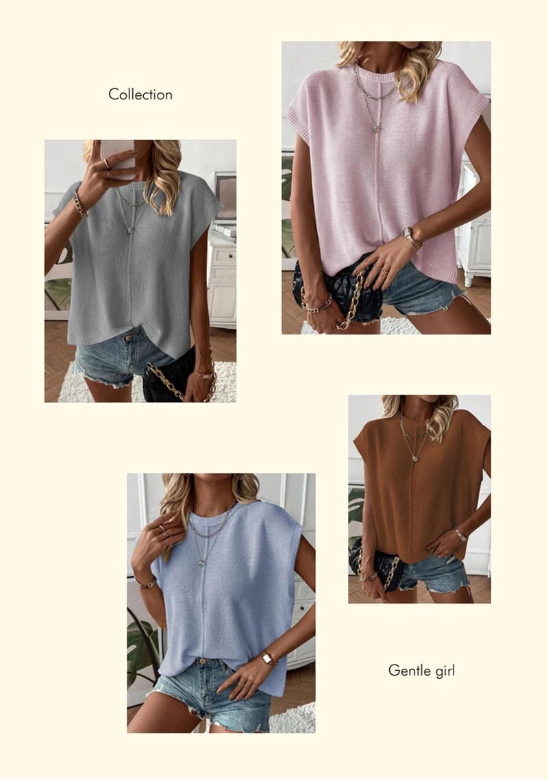 Spring Summer Elegant Versatile Knit Top, French Commute Casual Women's Round Neck Plain Hollow Out Loose T-Shirt