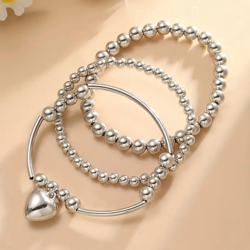 Fashion heart-shaped bead string 3-piece bracelet, versatile accessory for daily wear