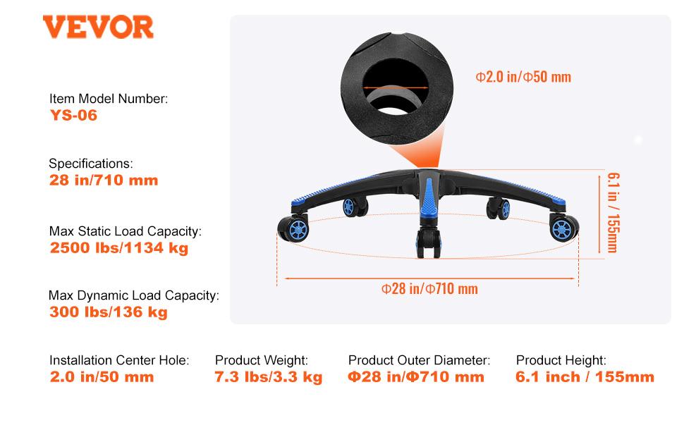 VEVOR Office Chair Base Replacement, 28, 2500 lbs Static Load, Heavy Duty Universal Computer Desk Chair Stool Base Part with 5 Casters and Reinforced Legs, Desk Chair Base Replacement, Black+ Blue