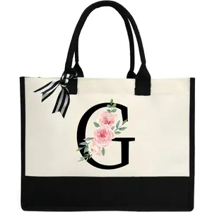 Personalized Initial Canvas Tote Bag for Women, Beach Bag with Inner Zipper Pocket for Wedding, Birthday, Holiday