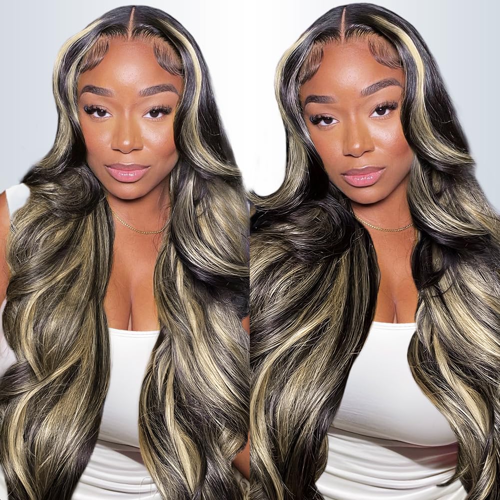 QUANDIAN 13x6 Balayage Highlight Lace Front Wig Human Hair 13x6 HD Lace Front Wigs Human Hair Body Wave Wig 200% Density FB/27 Ombre Wig Springtok