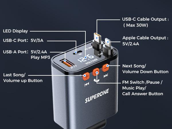 SUPERONE Bluetooth 5.3 Car Adapter with Retractable PD 30W & 12W USB Lightning Chargers FM Transmitter Radio Receiver Hands-Free Calling Music Player LED Display TikTokShopHolidayHaul USB Lightning Gift