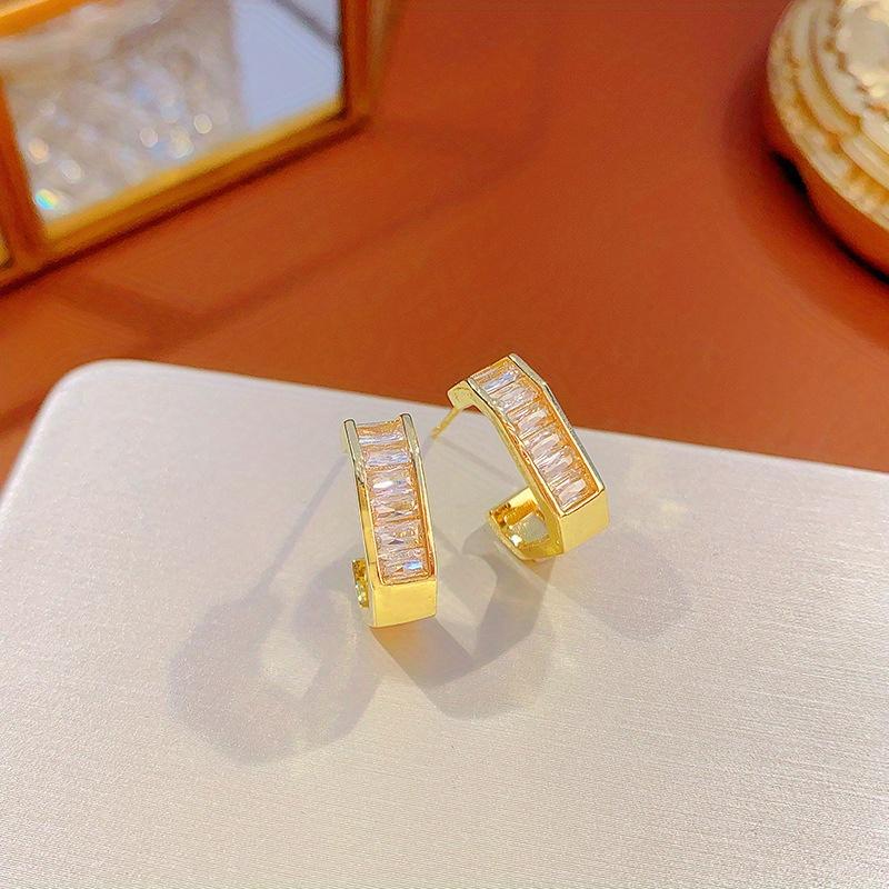 [1 Pair C-Shaped Stud Earrings] 14K Golden Plated Copper Hoop Earrings with Cubic Zirconia- Minimalist Everyday& Festival Jewelry, Year-Round Versatile Accessory, Festival Accessories, Sophisticated Style, Luxurious Finish