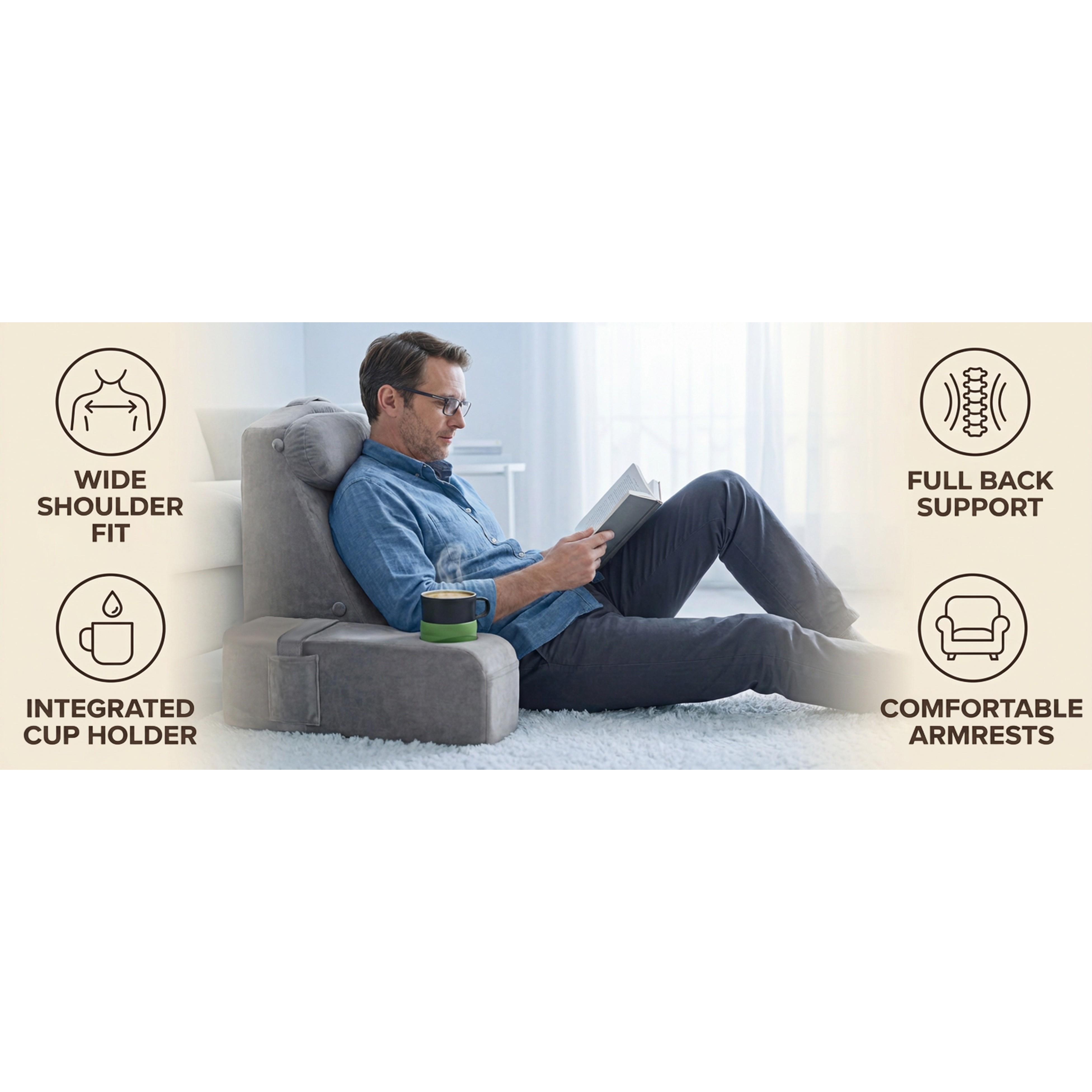 21 INCH Reading Pillow for Adults, Back Pillow for Bed Sitting Up, Backrest Pillow for Sitting in Bed, Detachable Arms with Built-in Cup & Phone Caddy (Gray, 21 INCH)