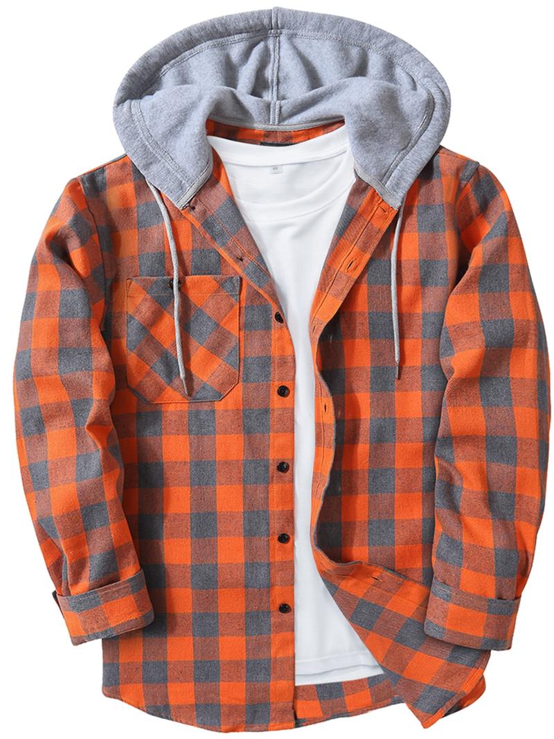 【Plus Size】 Plaid Print Button Front Drawstring Hooded Shirt, Casual Regular Fit Long Sleeve Pocket Top for Daily Wear, Men's Clothing for All Seasons