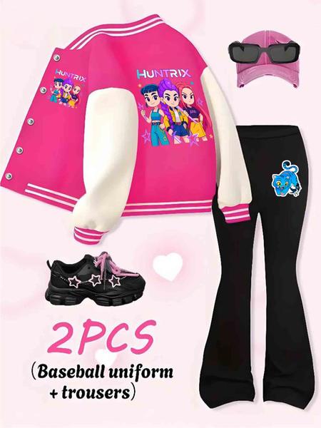Halloween Sweet Cool Atmosphere, Witch Group Anime Print, Autumn Baseball Jacket, Elastic Fabric Pants Set, Girls' Casual Sportswear