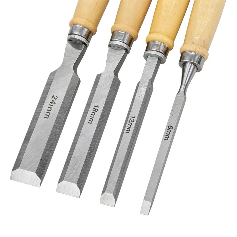 4-Piece Wood Chisel Set, High Carbon Steel with Birch Handle, 6/12/18/24mm, Ideal for Carving and Cutting, DIY and Professional Use