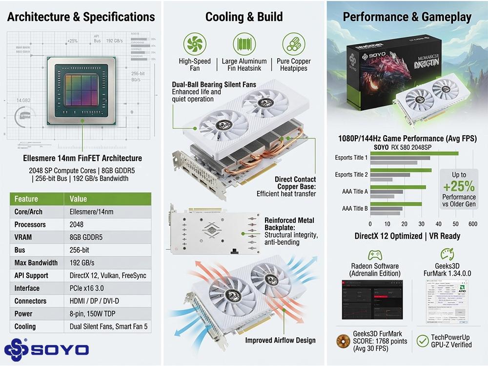 SOYO AMD Radeon RX580 Gaming Graphic Card with 8GB 256 Bit GDDR5 PCI Express x 16 3.0 Equipped with Dual Fans for Working,Gaming GPU, Dual Fan Cooling, Designed for Gaming, Work, and High-Performance Desktop PC Applications sohochic