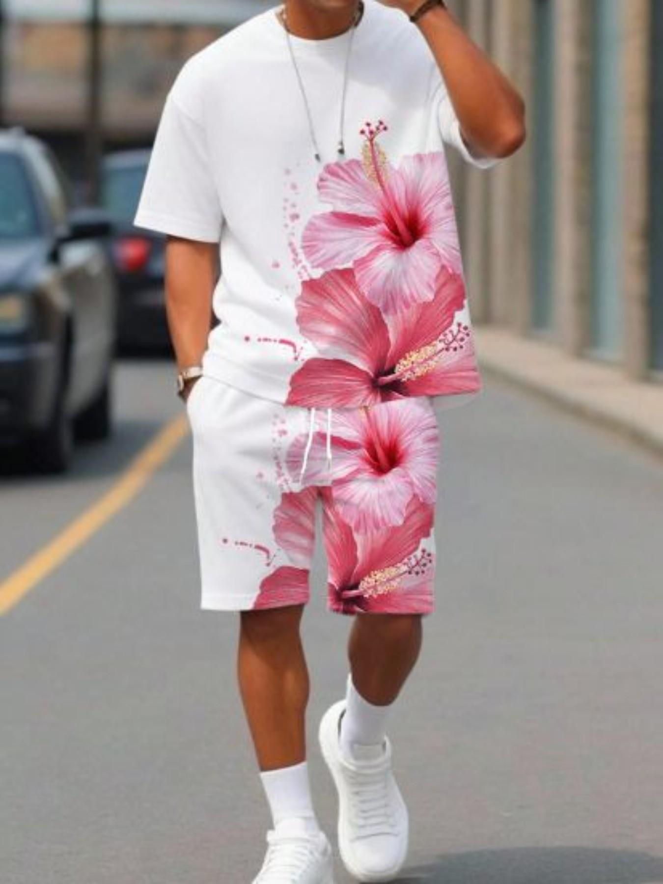 Summer Men's Outdoor Round Neck Short Sleeve T-Shirt and Shorts Set, Floral All over Print, Casual Fitted Style, 2-Piece