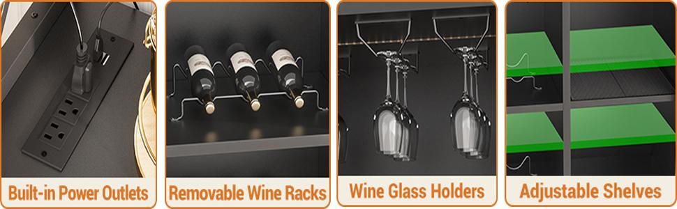 Cyclysio Freestanding Wine Bar Cabinet with RGB LED Lights ＆ Charging Station,Sideboard Buffet Cabinet,Coffee Bar Liquor Cabinet with Glass Holder