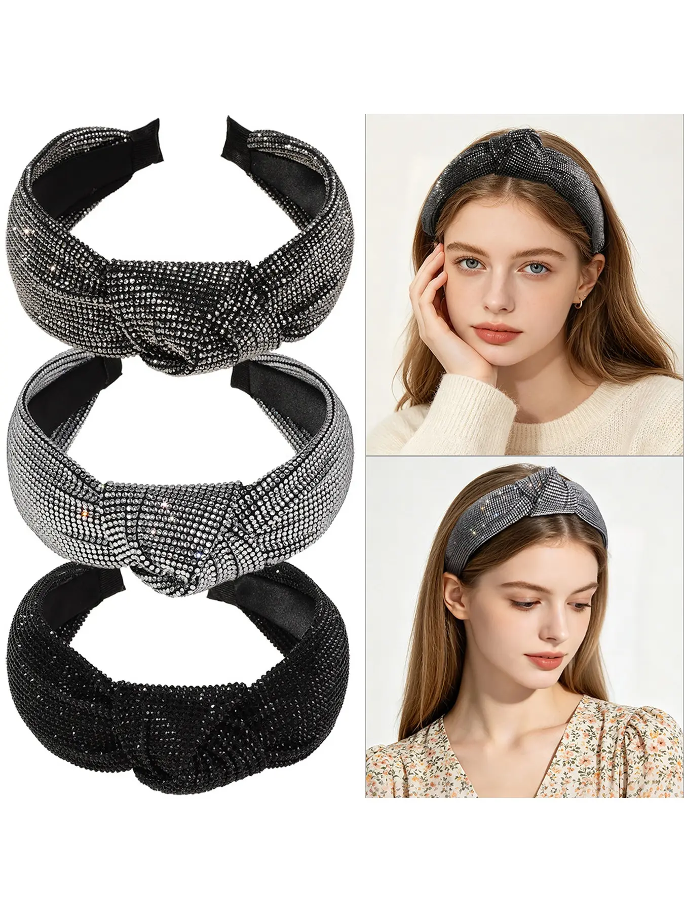 3 Color Rhinestone Hairband, Sparkling Wide Headband, Non-Slip Luxury Women's Party Wedding Daily Accessory, Casual All-Season Design